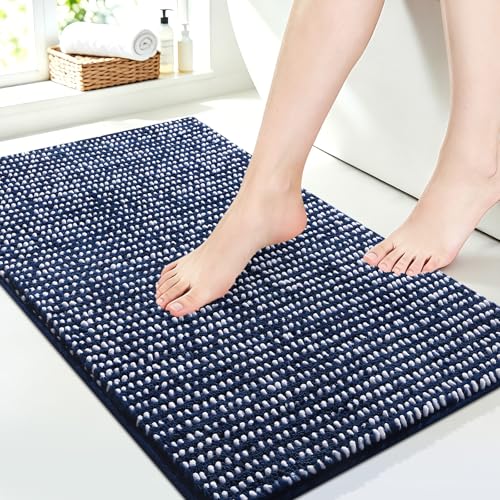 Luxury Chenille Bathroom Rugs Non Slip 32" x20", Extra Soft Absorbent Striped Bath Mats for Bathroom, Machine Washable Quick Dry Shower Floor Rug, Home Decor Accessories, Dark Blue & White - color: Dark Blue & White, size: 1'8" x 2'8" (Rectangular)