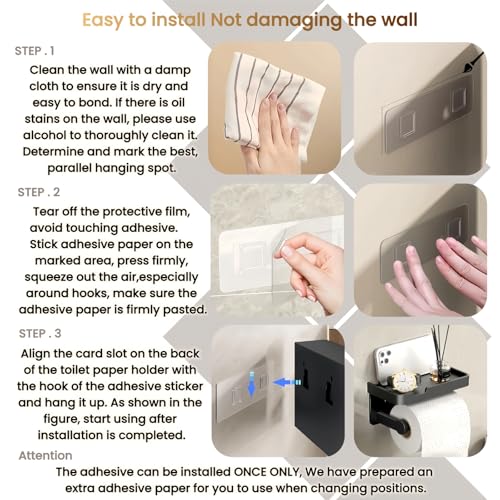 Adhesive Toilet Paper Holder and 2 Metal Hooks Combo - Rustproof Aluminum with Extra Adhesive Pads for Easy Replacement of Positions,Matte Black Toilet Paper Holder with Shelf(Wall Mount)