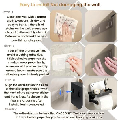 Adhesive Toilet Paper Holder and 2 Metal Hooks Combo - Rustproof Aluminum with Extra Adhesive Pads for Easy Replacement of Positions,Matte Black Toilet Paper Holder with Shelf(Wall Mount)