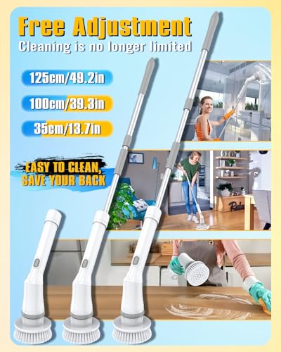 Electric Spin Scrubber, Cordless Shower Spin Scrubber with 6 Replacement Brush Heads & Adjustable Extension Arm, 2H Bathroom Scrubber Dual Speed, Power Spin Scrubber for Bathroom Car Floor Grout Sink