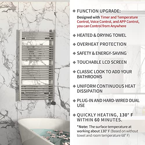 Smart Towel Warmer with Timer and Temperature Control, Plug-in/Hardwired Towel Rack Heater Compatible with Alexa and Google Home, Large Liquid Filled Smart Towel Heated Rails, Brushed