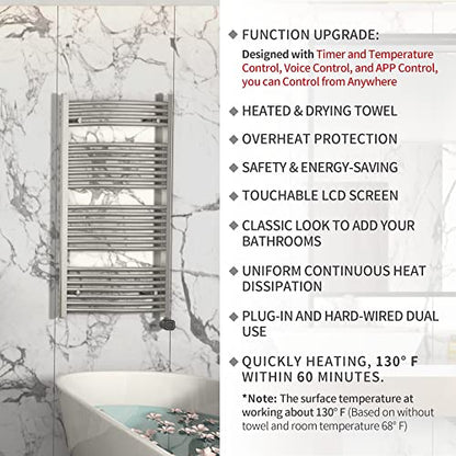 Smart Towel Warmer with Timer and Temperature Control, Plug-in/Hardwired Towel Rack Heater Compatible with Alexa and Google Home, Large Liquid Filled Smart Towel Heated Rails, Brushed