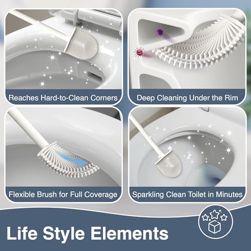 3 Pack Silicone Toilet Brushes & Holders– Includes 3 Crevice Brushes for Bathroom, Long Non-Slip Handle – Durable Bathroom Cleaning Set.