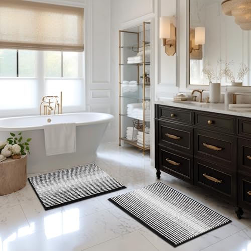 Bathroom Rugs and Mats Sets, 2 Piece Thick Absorbent Chenille Bath Mat Set Non Slip, Soft Shaggy Bath Room Floor Mats , Machine Washable (20" x 32" Plus 16" x 24", Black) - color: Black, size: 20" x 32" Plus 16" x 24"