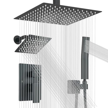Shower Faucet Matte Black Shower System with 12" Celing+6" Wall Dual Rain Shower Head with Handheld Spray,Bathroom Luxury Brass Shower Valve with Shower Diverter Kit Shower Faucet Set Complete - color: Matte Black, size: Matte Black-12+6"