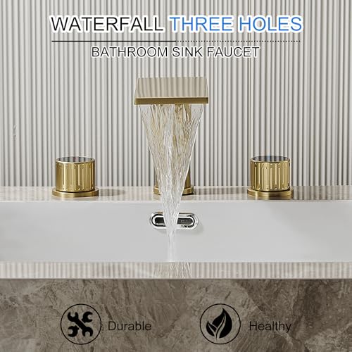 becola Brushed Gold Bathroom Faucet 3 Hole, 8 inch Widespread Bathroom Faucet with Top Storage, Waterfall Bathroom Faucet，2-Handle Modern Vanity Faucet with Adjust Knobs and Two Supply Lines - color: Gold