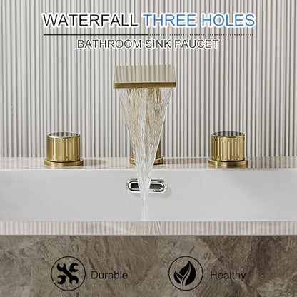 becola Brushed Gold Bathroom Faucet 3 Hole, 8 inch Widespread Bathroom Faucet with Top Storage, Waterfall Bathroom Faucet，2-Handle Modern Vanity Faucet with Adjust Knobs and Two Supply Lines - color: Gold