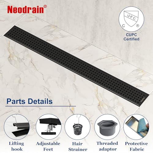 Neodrain 18" Linear Shower Drain, Matte Black 304 SS Bathroom Linear Drain | Black Shower Drain with Quadrato Grate& Adjustable Feet, Long Rectangle Shower Floor Drain in Bathroom, Balcony etc,cUPC - color: Matte Black, size: 18 In