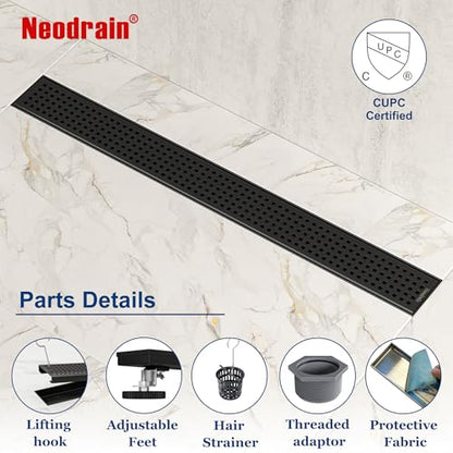 Neodrain 24" Linear Shower Drain, Matte Black 304 SS Bathroom Linear Drain | Black Shower Drain with Quadrato Grate& Adjustable Feet, Long Rectangle Shower Floor Drain in Bathroom, Balcony etc,cUPC - color: Matte Black, size: 24 In