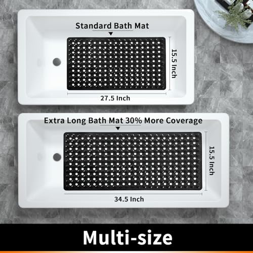 Yimobra Bathtub Shower Mat, Long Non Slip Bath Mats for Tub with Drain Hole and Suction Cups, Soft on Feet, Machine Washable, Easy Dry, 34.5 x 15.5 Inch, Black