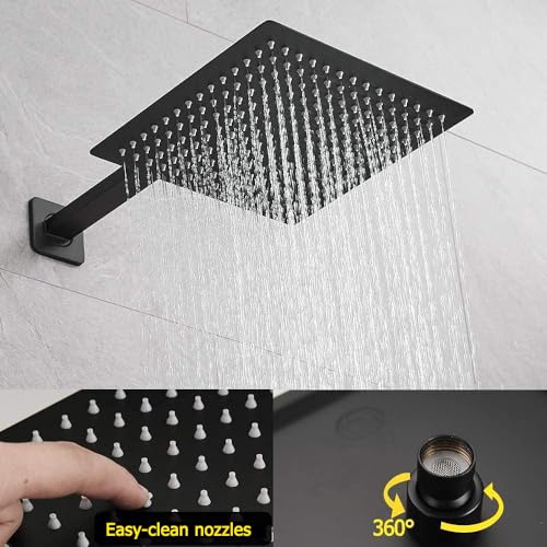 Matte Black Shower System 12 Inch Bathroom Luxury Rain Mixer Shower Combo Set Wall Mounted Rainfall Shower Head and Handheld System Shower Faucet Set Rough-in Valve Body and Trim Kit - color: Matte Black, size: 12 Inch