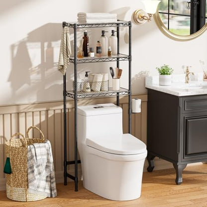 Over The Toilet Storage Shelf 3-Tier Bathroom Organizer and Storage Shelf | with Adjustable Shelf and Basket Freestanding Space Saver Above Toilet for Room Black
