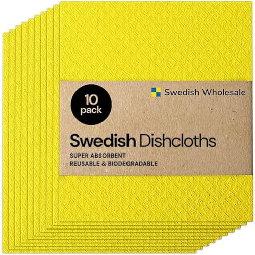 Swedish Wholesale Dishcloths Reusable 8" x 7" Sponge Cloths, Bulk 10 Pack of High Absorbent Cellulose Dish & Kitchen Cleaning Hand Towels, Wring to Dry & Machine Wash, Odor Resistant, Yellow - color: Yellow