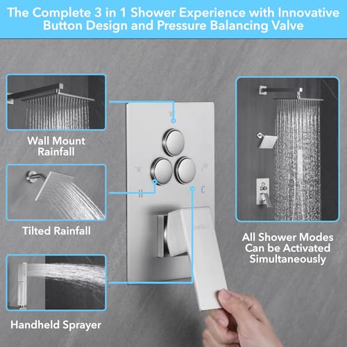 VANFOXLE Shower Faucet Set Brushed Nickel Shower System,Modern | Push Button Diverter,10 Inch Wall Mount Rain Head Increased Thick, 6 Inch Side Head, 2-in-1 Handheld Sprayer - color: Brushed Nickel