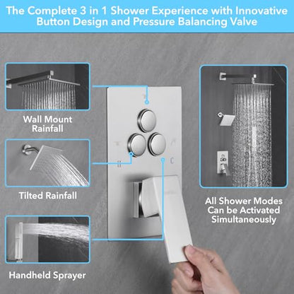 VANFOXLE Shower Faucet Set Brushed Nickel Shower System,Modern | Push Button Diverter,10 Inch Wall Mount Rain Head Increased Thick, 6 Inch Side Head, 2-in-1 Handheld Sprayer - color: Brushed Nickel