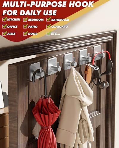 Auxmir Heavy Duty Adhesive Hooks, 5 Pack Stainless Steel Hooks 22 lb, Silver - color: 1.8"x1.8"-Silver