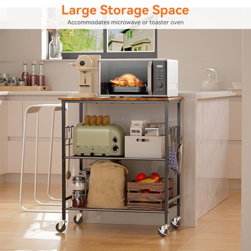 NTE Rolling Kitchen Microwave Cart, 3 Tier Microwave Stand with Storage, Small Kitchen Island on Wheels, Kitchen Storage Cart with 6 Hooks for Kitchen, Coffee Bar, Living Room, Balcony - color: Black