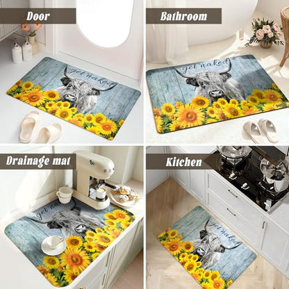 SolAzul Highland Cow Leather Diatomaceous Earth Bath Mat,Super Absorbent Diatomite Stone Bath Mat Non Slip Quick Dry Thin Bathroom Floor Mat Rug (16×24 Inch) (COW-02) - color: Cow-02