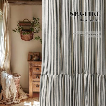 Farmhouse Shower Curtain Ruffle Linen Cream-Black Stripe 72"W x 78"L | Farmhouse Boho, Striped, Bottom Ruffle, Linen Fabric, Rustic, Country, Natural Look, Washable, for Bathroom Bathtub - color: Cream-blcak Stripe, size: 72"W x 78"L