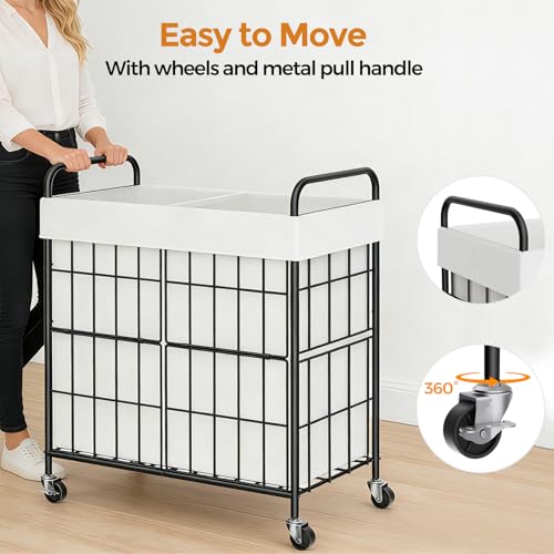 100L 2-Section Laundry Hamper with Wheels, Laundry Basket with Liner Bag | Lockable Casters; Divided Removable Liner; Reinforced Steel Frame; Metal Handle - color: White, size: 100L-2 Sections