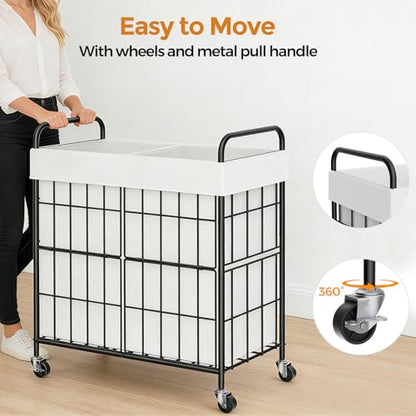 100L 2-Section Laundry Hamper with Wheels, Laundry Basket with Liner Bag | Lockable Casters; Divided Removable Liner; Reinforced Steel Frame; Metal Handle - color: White, size: 100L-2 Sections