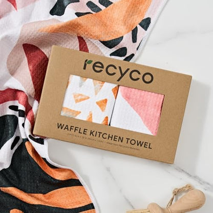 RECYCO Waffle Kitchen Towel Set of 2 - Quick Dry Microfiber Sustainable Dish Towels - Ultra Absorbent Reusable Cleaning Tea Towels - Lightweight Hand Towels,16”x 28”, Boho Oasis - color: Boho Oasis