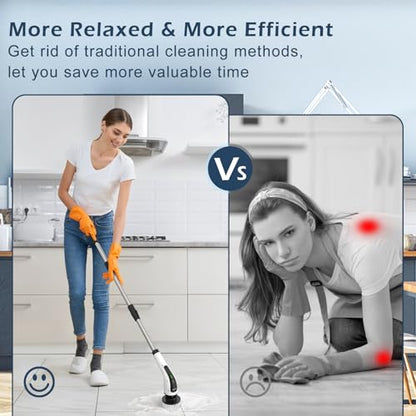 Electric Spin Scrubber, Power Shower Cleaning Brush with Long Handle | Cordless Cleaning Scrubber, 7 Replaceable Brush Heads, 90Mins Work Time, 3 Adjustable Size, 2 Speeds for Bathroom Cleaner