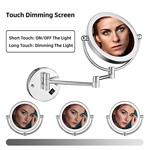 8" Wall Mounted Lighted Makeup Mirror, Double-Sided 1X/5X Magnifying Vanity Mirror with 3 Color LED Lights, Stepless Dimming Touch Control, 360° Swivel & Extendable Arm, Plug-in Powered, Chrome