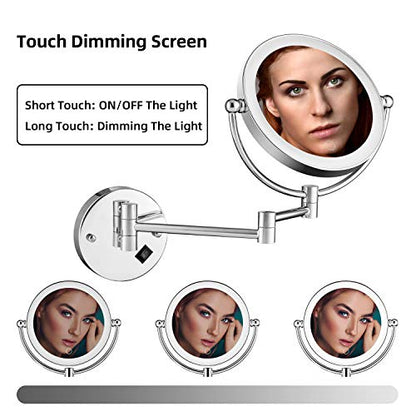 8" Wall Mounted Lighted Makeup Mirror, Double-Sided 1X/5X Magnifying Vanity Mirror with 3 Color LED Lights, Stepless Dimming Touch Control, 360° Swivel & Extendable Arm, Plug-in Powered, Chrome