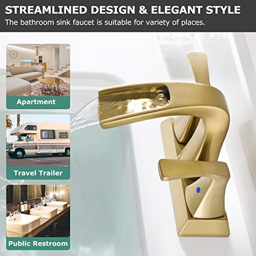 2 Handles Waterfall Bathroom Faucet with Metal Pop-up Drain and Faucet Supply Lines, Brushed Gold, Doris 1406808 - color: Brushed Gold