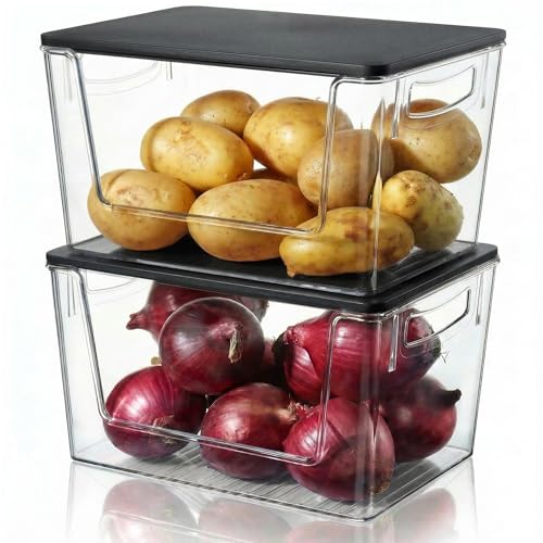 Heyuzb Pantry Organizers Storage, 2 Pack Large Clear Storage Bins with Bamboo Lids for Onion, Potato, Garlic, Canned Food, Organizer Bins for Under Sink, Kitchen, Countertop, Bathroom - color: Black lid