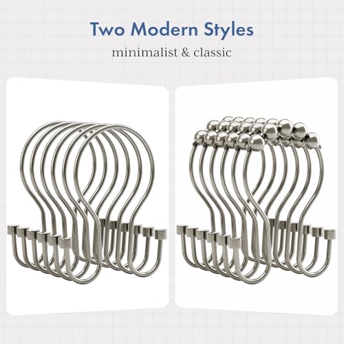 Bathway Shower Curtain Hooks Nickel Shower Curtain Rings with Cylindrical Design, 12Pcs Metal Shower Curtain Hooks Rust Proof, Smooth Glide Double Shower Hooks Rings for Shower Curtain - color: Brushed Nickel, style: Minimalist Shower Hooks with Cylinders