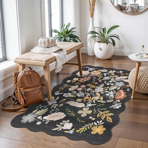 3x4 Rug Washable for Entryway: Boho Scalloped Floral Indoor Door Mat Black | Non-Slip Soft Low-Pile Thin Small Area Rug for Kitchen Bedroom Living Room - Water Resistant High-Traffic Accent Carpet - color: Black, size: 3' x 4' (Rectangular)