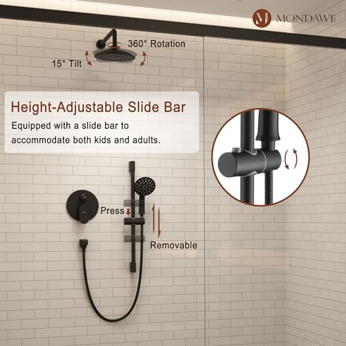 MONDAWE 8 Inch Wall Mounted Shower Faucet Set in Matte Black, Rainfall Shower Head with 3-Setting Handheld Spray Shower Set Combo, High Pressure Shower System with Solid Brass Valve - color: Matte Black, style: 8 IN - Without Tub Spout