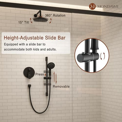MONDAWE 8 Inch Wall Mounted Shower Faucet Set in Matte Black, Rainfall Shower Head with 3-Setting Handheld Spray Shower Set Combo, High Pressure Shower System with Solid Brass Valve - color: Matte Black, style: 8 IN - Without Tub Spout
