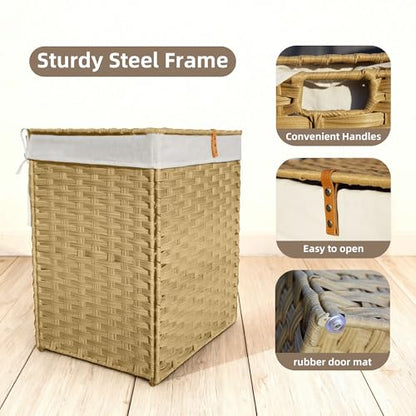 Wicker Laundry Hamper with Lid,34 Gal(130 L) Rattan Laundry Basket 2 Sections with Lid, Removable Machine Washable Line, Large Clothes Hamper with Handles for Bathroom Bedroom, Yellow - color: Yellow, size: 130L