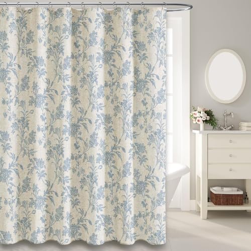WOUVMA Blue Shower Curtain Floral Cotton Linen Cottagecore Shower Curtain for Bathroom 78" L x 72" W Long - color: Linen Blue, size: Long 78"L x 72"W