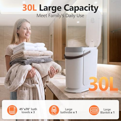 30L Large Towel Warmer, Rapid Dry & Heated 2 in 1 Towel Warmer | Towel Warmer Bucket for Bathroom, Fits Up to Three 45"X70" Oversized Towels, 24-Hour Timer and Auto Shut Off, White