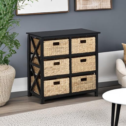 3 Tier X-Side End Storage Cabinet, Black | 6 Wicker Baskets - color: Black, size: 15.5"D x 29.3"W x 30"H (6 Drawers)