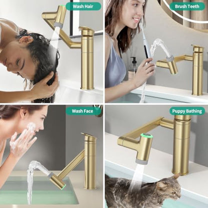 Bathroom Faucet 1 Hole with Temperature Display, Brushed Gold | Batteries-Free, 1080° Rotatable Single Hole Bathroom Faucet, Single Handle Bathroom Vanity Faucets, 2 Spray Modes - color: Brushed Gold