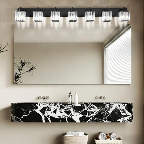 Aipsun Black Vanity Light Crystal Bathroom Lighting Fixtures Modern Bathroom Vanity Light 7 Light (Exclude Bulb) - color: Black, size: 58 inch