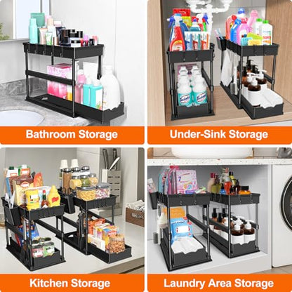 JPart Under Sink Organizer, Kitchen Organizers and Storage, 2-Tier Bathroom Cabinet Organizer with Sliding Drawers, Thickened Construction with Hooks Hanging Cup for Kitchen & Bathroom, 2 Pack