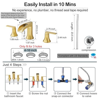 Brushed Gold Bathroom Faucet Waterfall, 2 Handle Brass Bathroom Sink Faucet Widespread, Modern 6-16 Inch Bathroom Faucets 3 Hole, Bathroom Vanity Faucets for Hotel, NOT Included Pop-up Drain - color: Brushed Gold, style: NO Pop Up Drain