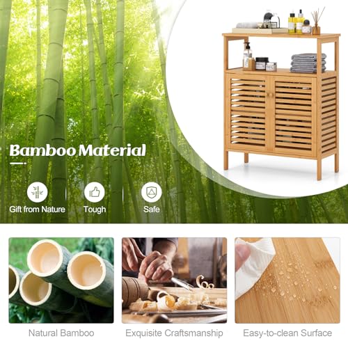 Tangkula Bamboo Floor Cabinet, Bathroom Storage Cabinet with Double Slatted Doors, Open Shelf, Removable Shelf, Storage Organizer for Bathroom Doorway Living Room Kitchen - style: Double Doors