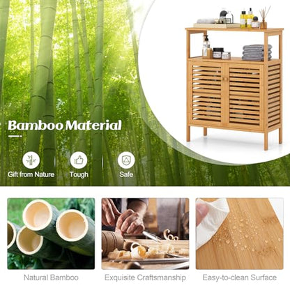 Tangkula Bamboo Floor Cabinet, Bathroom Storage Cabinet with Double Slatted Doors, Open Shelf, Removable Shelf, Storage Organizer for Bathroom Doorway Living Room Kitchen - style: Double Doors