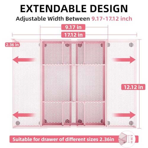 Marbrasse Expandable Desk Drawer Organizer, Mesh Tray with 10 Adjustable Compartments, Desk Organizers for Office Supplies, Makeup & Vanity (Expandable-Pink) - color: Expandable-Pink