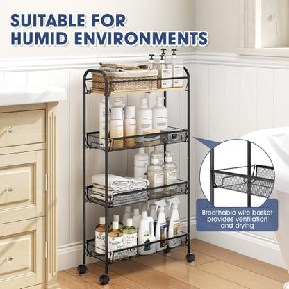 TOOLF 4-Tier Slim Rolling Cart, Metal Utility Cart, Slide Out Storage Cart with Wooden Tabletop and Mesh Baskets for Narrow Space on Kitchen Bathroom Laundry Room Bedroom Apartments Dormitory - size: Slim, style: Black