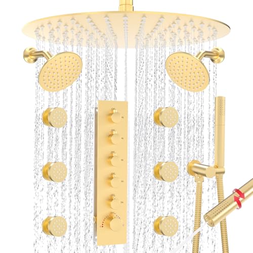 HOMEDEC 16" Round Rain Shower System with Dual 6" Wall Shower Head, 5 Way Shower Valve with 2-Function Handheld Shower and Massage Jets, Brushed Gold - color: Brushed Gold, style: 5-Way + 2x 6" Top