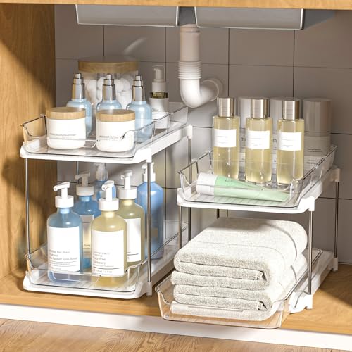 Delamu 2-Tier Multi-Purpose Bathroom Under Sink Organizers and Storage, Stackable Kitchen Pantry Organization, Pull Out Medicine Cabinet Organizer with Movable Dividers, White, 2 Pack - color: White, size: 2 Pack