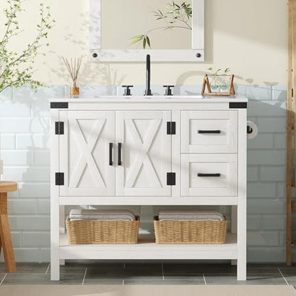 AMERLIFE 36" White Farmhouse Bathroom Vanity with Sink and 2 Drawers | Antique White, Single Solid White Integrated Top, Moisture-Resistant MDF, 2 X-Panel Door, 2 Drawer, Open Shelf, Towel Holder - color: Antique White, size: 36”